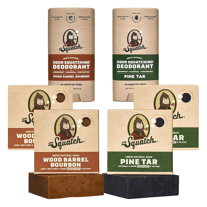 Dr. Squatch Manly Soap and Deodorant Variety Pack - Handmade with Organic Oils, Aluminum-Free - Wood Barrel Bourbon and Pine Tar - Natural Men's Care Bundle