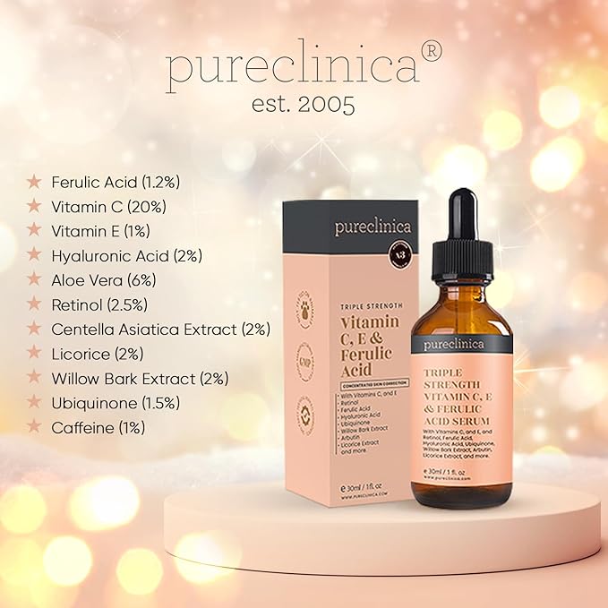 Triple Strength Vitamin C, E & Ferulic Acid Serum (w/Retinol & Double Weight Hyaluronic Acid) – 30ml / 1 fl oz (6 bottles)