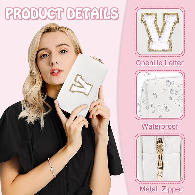 Personalized Initial Preppy Patch Makeup Bag, Travel Toiletry Zipper Pouch Cute White Cosmetic Organizer Small Makeup Bag for Purse, PU Chenill Letter Make Up Bags Gift for Friend Female(Letter V)