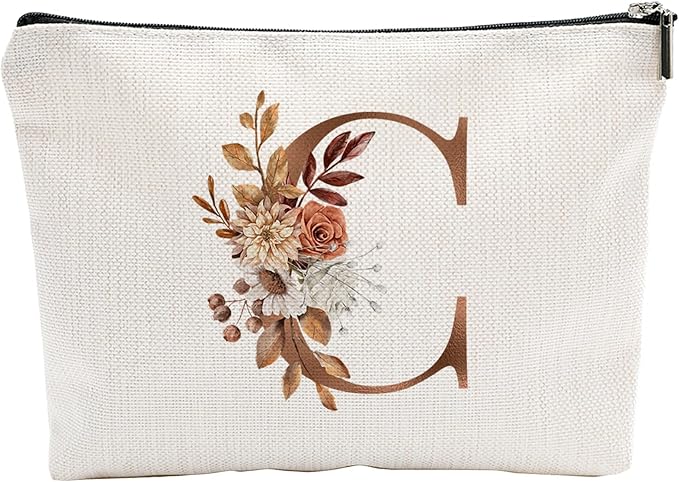 A-Z Boho Personalized Cosmetic Bag-Floral Cotton Letter Makeup Bag With Zipper-Artistic Cosmetic Bag For Travel-Bride,Birthday Gift For Women Daughter Friends-Women Makeup Organizer-A03