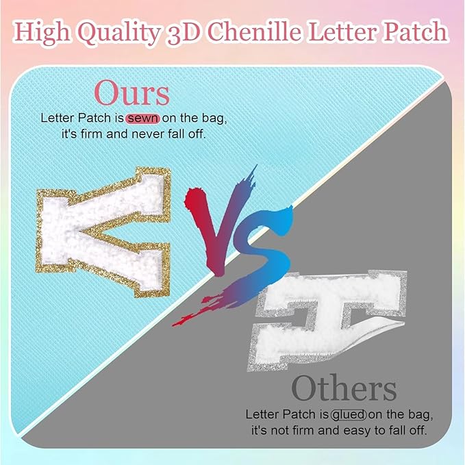Small Personalized Letter Makeup Bag, Cute PU Leather Chenille Letters Cosmetic Bag Travel Makeup Pouch, Preppy Travel Organizer Zipper Pouch for Women&Girls（Blue-M）