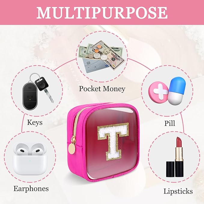 Mini Clear Personalized Initial Makeup Bag,Small Nylon Waterproof Zip Beach Cosmetic Pouch,Preppy A-Z Chenille Letter Patch Cute Coin Purse Travel Toiletry Bag Car Pack Bag for Women(Hot Pink-White T)