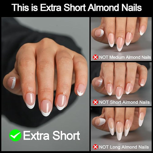 16 size white french tip almond press on nails for women,32 pcs super short petite oval nails with glue and stick, Brown French