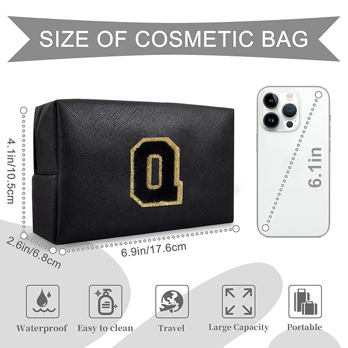 Personalized Initial A-Z Preppy Patch Makeup Bag,Small PU Chenille Letter Cosmetic Bag with Zipper for Teen Girls,Black Cute Toiletry Organizer Bag,Monogram Makeup Case Gift for Women Girls,Letter Q