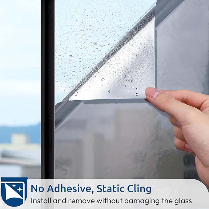 rabbitgoo Window Privacy Film One Way Window Tint for Home, Removable Reflective Heat Sun Blocking Anti UV Glass Door Covering, Mirror Tinting Film House Office, 35.4 in X 16.4 Feet, Silver