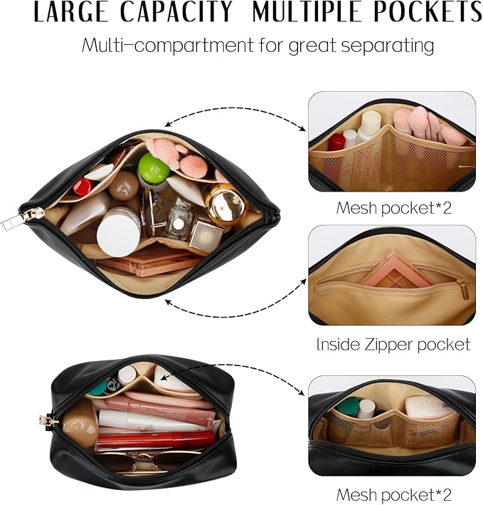Women Gifts | Initial Makeup Bag Set for Girl Personalized Gifts for Bridesmaid Friend Graduation Teachers PU Leather Cosmetic Travel Toiletry Bag(Black,J)