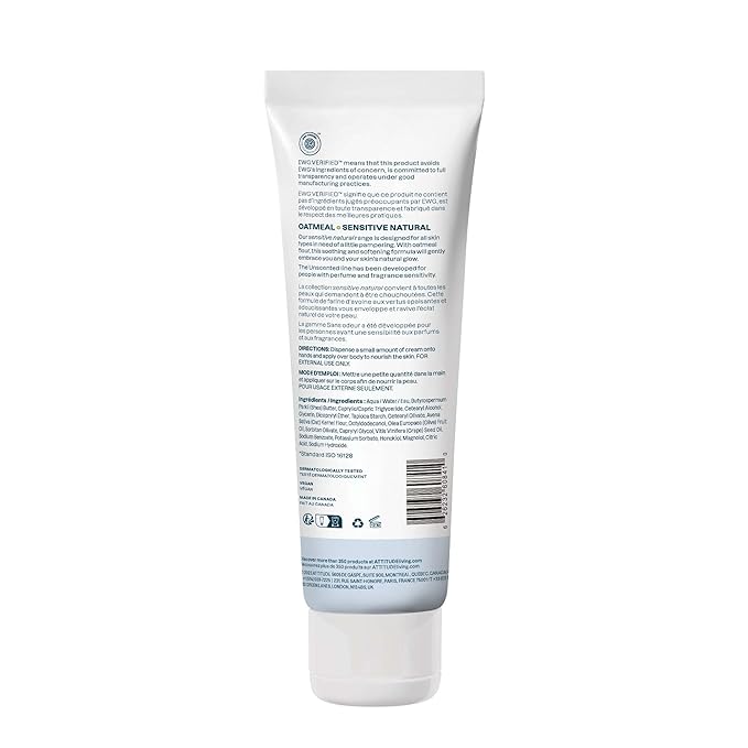 ATTITUDE Body Cream for Sensitive Skin with Oat, EWG Verified, Dermatologically Tested, Vegan, Extra Gentle, Unscented, 8 Fl Oz