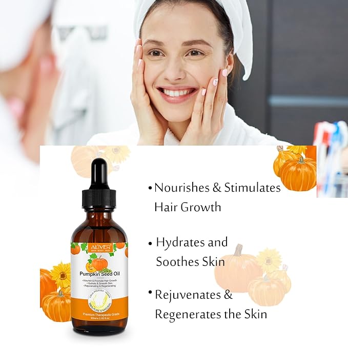 Pumpkin Seed Oil, Pumpkin Seed Oil for Hair Growth, Pure Cold Pressed Pumpkin Seed Oil for Dry Damaged Hair Growth, Hydrating, Scalp Moisturizer, Nourishment - 60ML