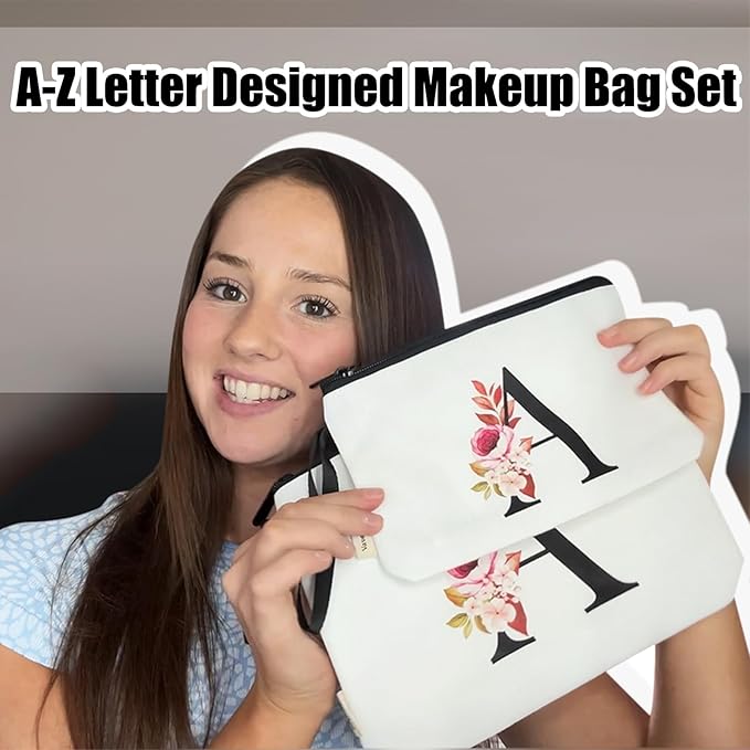 Vavabox A-Z Personalized Makeup Bag, Birthday Gifts for Women Mom, Gifts for Best Friend, Bride Bridesmaid Cosmetic bag (G, 03-White Set)