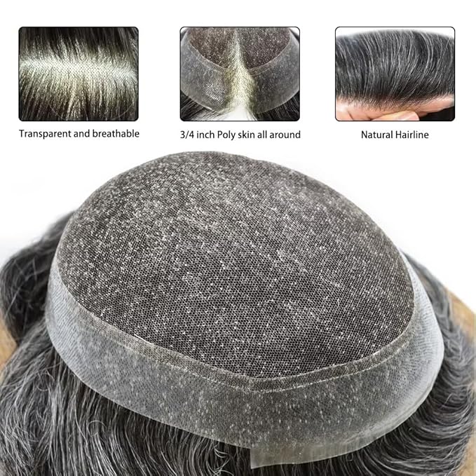 FACE MIRACLE Hair System for Men French Lace Mens Toupee Human Hair Replacement System Lace with PU Toupee for Men Male Hair Piece Wigs 7"X9" #1B20 Off Black with 20% Gray