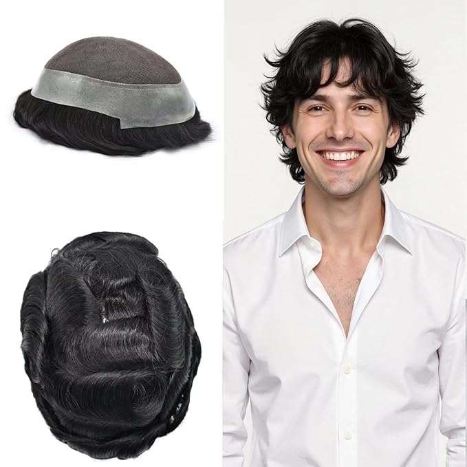 FACE MIRACLE Lace Front Mens Toupee Human Hair System Swiss Lace Center Toupee for Men Thin Skin PU Around Hair Replacement System V-Looped Mens Hair Wig Units 6"X9" 1#JET BLACK