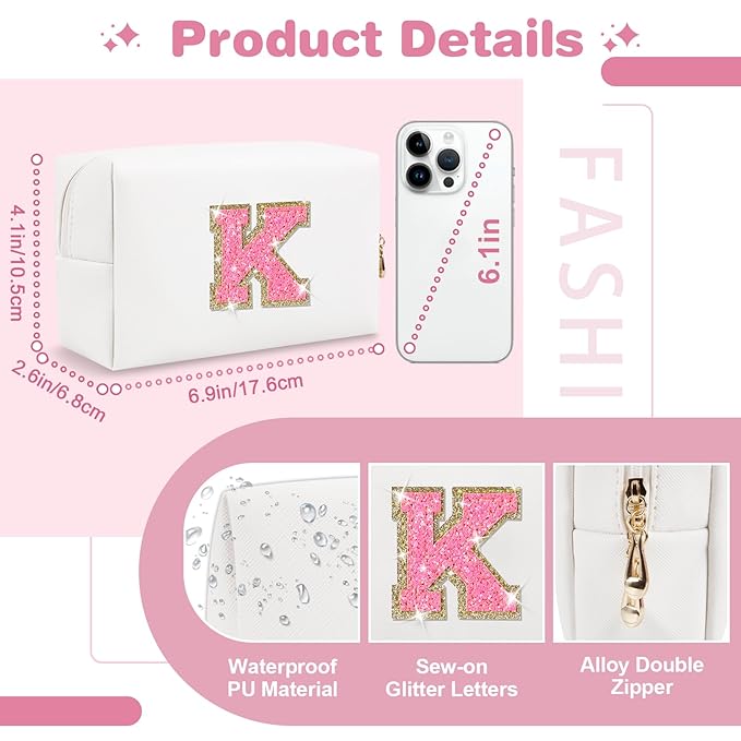 Small Personalized Initial A-Z Patch Makeup Bag,White Cute PU Leather Glitter Letter Cosmetic Bag for Teen Girls,Travel Toiletry Bag with Zipper,Preppy Monogrammed Birthday Gift for Daughter Niece K