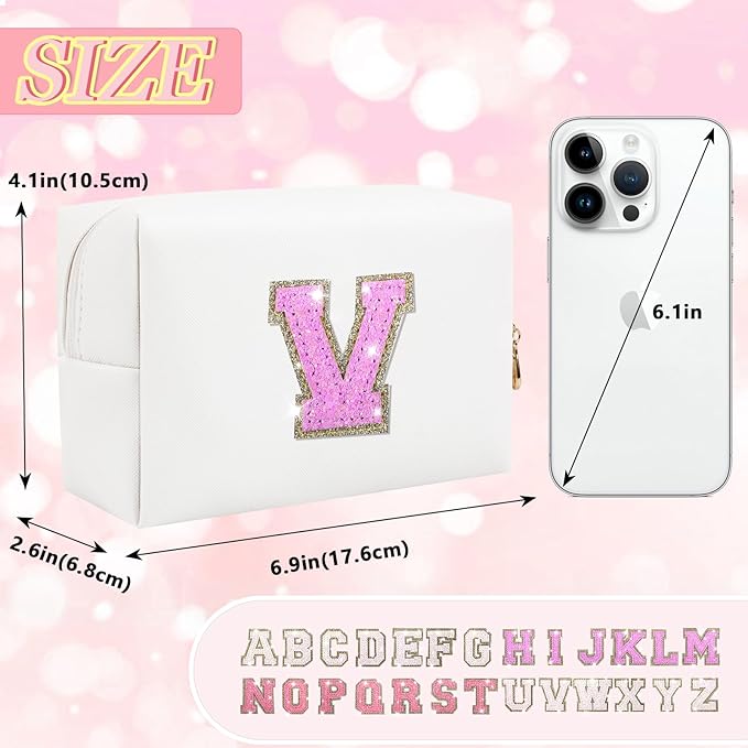 Personalized Initial Letter Patch Makeup Bag, Preppy Glitter Letter Makeup Organizer, Cute Monogrammed Pouch Cosmetic Bag PU Leather Waterproof Travel Toiletry Bag, Gift for Women Teen Girls(Letter V)