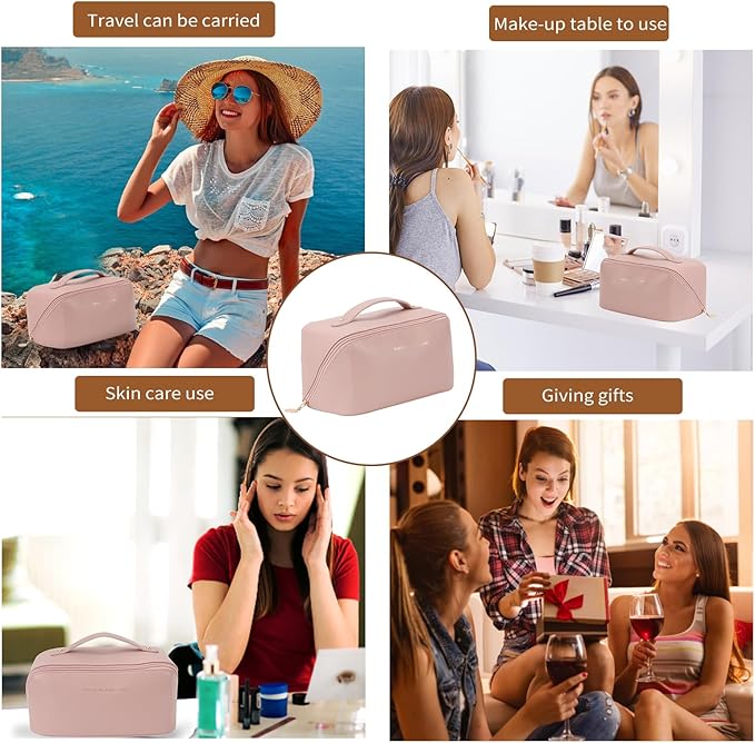 3 Pcs Travel Makeup Bag Portable Large Capacity Cosmetic Bags for Women Open Flat Makeup Case Organizer Bag Set of 3 Waterproof PU Leather Toiletry Bags with Divider and Handle (Pink, Medium)