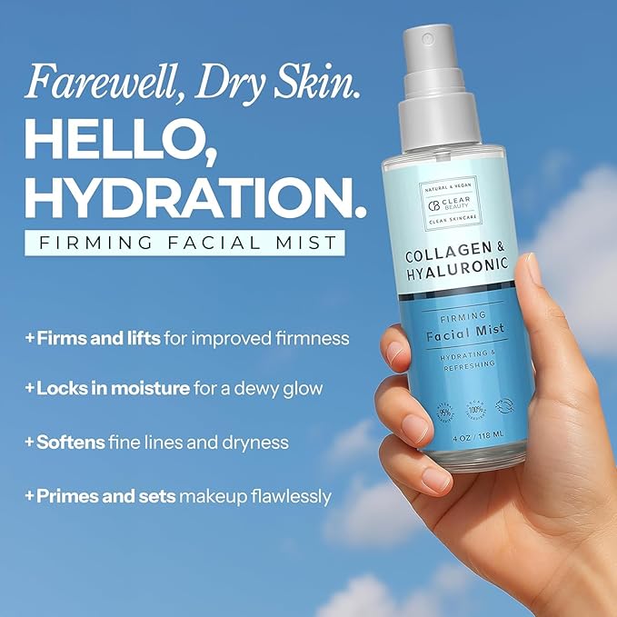 Clear Beauty Hyaluronic Acid & Collagen Face Mist - Dermatologist Tested, Moisturizes & Tones Skin, Anti-Aging, Natural Ingredients, Cruelty-Free Korean Skin Care - All Skin Types - 4 OZ (2 Pack)