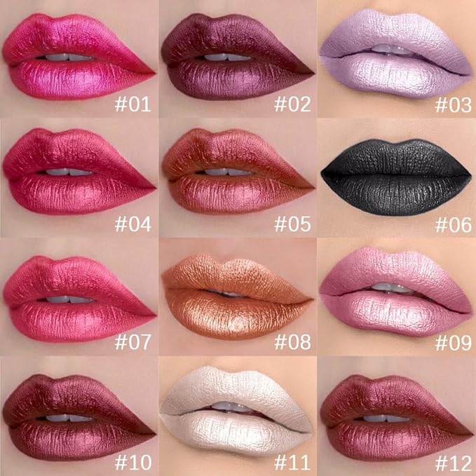 evpct 1Pcs Dark Wine Red Metallic Shimmer Glitter Lip Gloss Liquid Lipstick Long Lasting Waterproof 24, Glitter Pearlescent Metallic Sparkly Liquid Lipsticks Lip Stains Makeup Set for Women 02