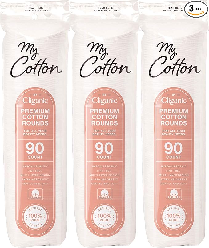 My Cotton Premium Rounds for Face (3 Pack) | Makeup Remover Pads, Hypoallergenic, Lint-Free | 100% Pure Cotton