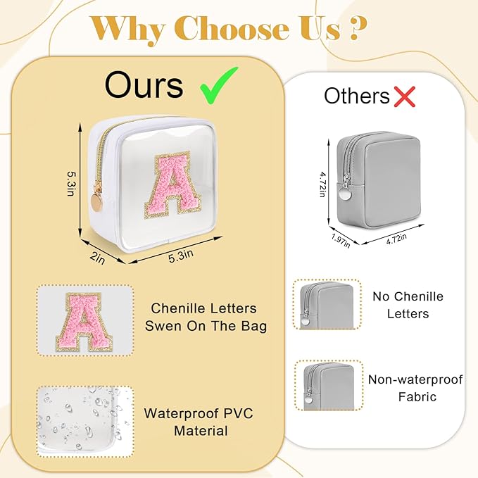 Personalized Initial Letter Clear Preppy Makeup Bag,Mini Nylon Chenille Letter Cosmetic Bag Cute Zipper Pouch Purse for Teen Girls,Portable TSA Approved Beach Travel Essentials Bag Gift for Women,B