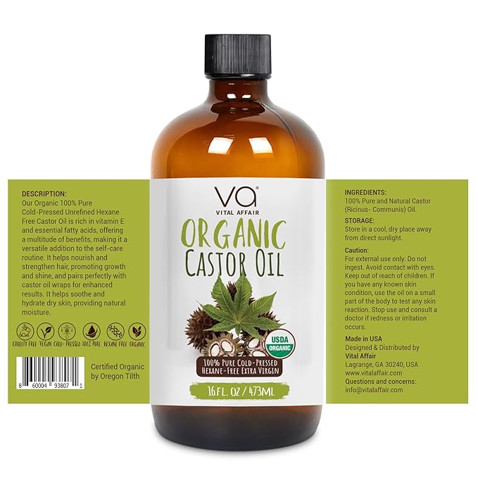 VITAL AFFAIR Pure Castor Oil Organic Cold Pressed Unrefined Glass Bottle-USDA Certified for Castor Oil Pack Wrap for Face,Hair Growth,Eyelashes,Eyebrows-16oz
