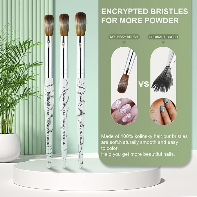 Acrylic Nail Brush Size 10,KEMEISI 100% Pure Kolinsky Nail Art Brushes Sturdy Marble Handle Oval Shaped Acrylic Powder Nail Design Tools for Professional Manicure DIY Home Salon (White)