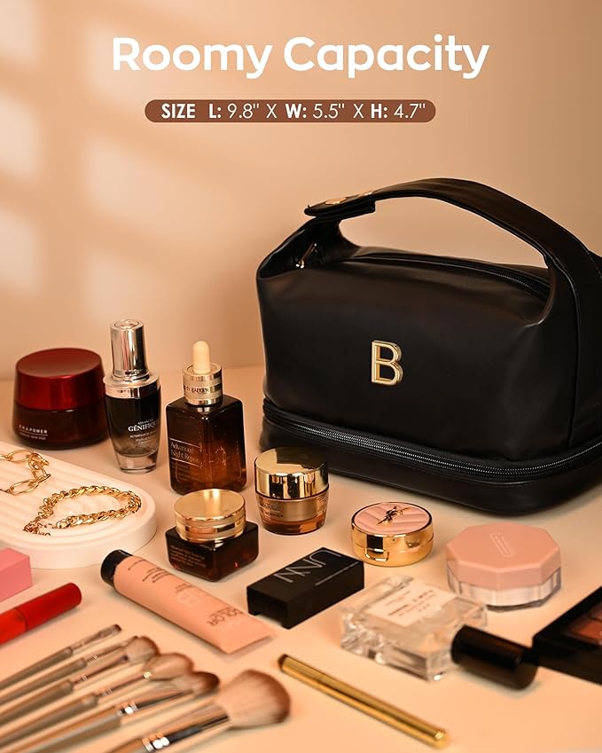 College Girls Gifts, Monogrammed Gifts for Women Makeup Bag with Handle, Double Layer Cosmetic Bag with Makeup Brush Organizer, PU Leather Travel Toiletry Bag, Gifts for Friends Female Mom