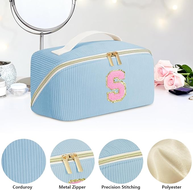 Personalized Initial Makeup Bag,Christmas Gifts for Girl,Preppy Bag Cosmetic Travel Bag Women,Travel Toiletry Organizer,Large Capacity Corduroy Stuff Bag,Cute Cosmetic Pouch Skincare Bag-Q