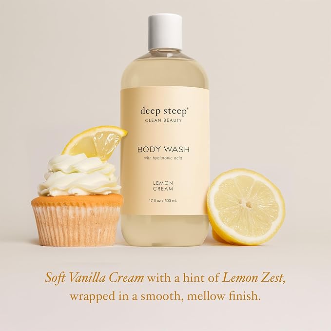 Deep Steep Body Wash, Lemon Cream, 17 oz – Hydrating Shower Gel with Hyaluronic Acid, Shea Butter, Aloe Vera & Argan Oil – Vegan, Clean Beauty, Clean & Refreshed Skin