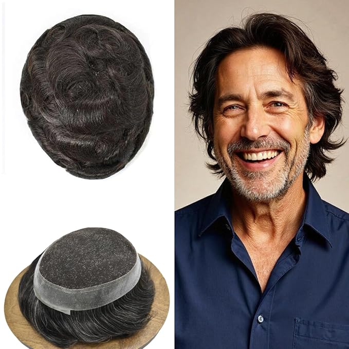 Mens Toupee Human Hair Piece French Lace Toupee for Man Hair System Indian Human Hair Replacement Systems V-Looped PU Front Hairpieces 8"X10" 2# DARKEST BROWN