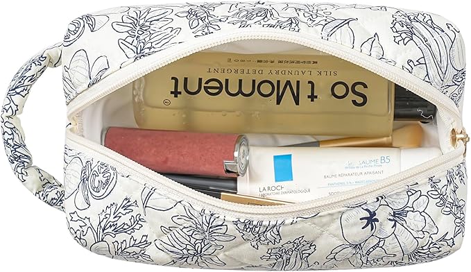 JOVAKIT Travel Makeup Bag Cosmetic Bag for Women, Christmas Gifts, Small Floral Flowers Coquette Toiletry Bag with Handle, Zipper Make Up Pouch Organizer Bag Trendy Stuff (Navy Blue Flower)