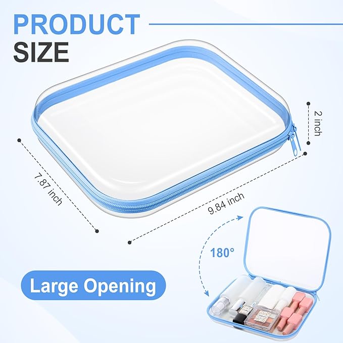 Hoolerry 3 Pcs Clear Hard Zipper Case Plastic Pouch Transparent Hard Case Clear Makeup Bag Portable Travel Organizer Bin for Cosmetics, Building Blocks, Puzzles(Blue,M)