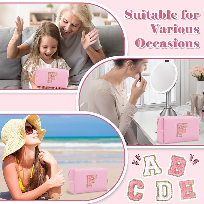 Personalized Initial A-Z Preppy Patch Makeup Bag,Small PU Leather Chenille Letter Cosmetic Bag with Zipper for Teen Girls,Pink Cute Travel Toiletry Bag,Birthday Monogrammed Gift for Daughter,Letter F