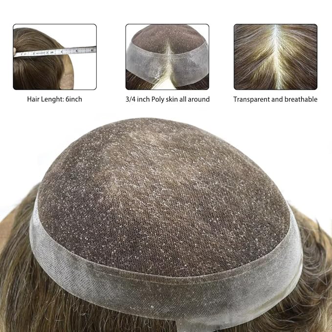 FACE MIRACLE French Lace Mens Toupee Human Hair System Lace Center Toupee for Men Thin Skin PU Around Hair Replacement System V-Looped Mens Hair Wig 6"X8" #740 7# VERY LIGHT BROWN WITH 40% GREY