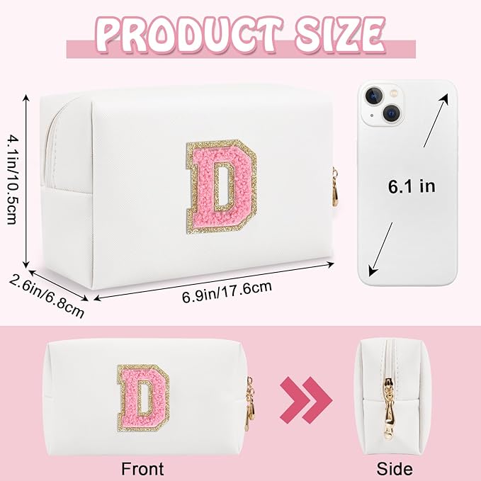 Personalized Chenille Letter Preppy Makeup Bag, Small Cute Mini Travel Cosmetic Bag Initial Toiletry Zipper Pouch Makeup Storage, Waterproof Makeup Case Travel Essentials for Her Daughter(Letter D)
