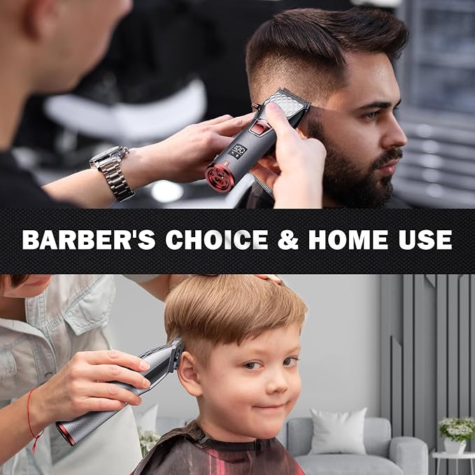 FADEKING® Professional Hair Clippers for Men - Cordless Hair Clippers, LCD Display Barber Clippers for Hair Cutting & Mens Grooming with Travel Case(Silver+red)