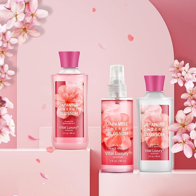 Japanese Cherry Blossom Spa Gift Set for Women and Girls, Bath and Body Care Kit with Gel, Lotion, Mist, Travel Size, with Natural Extracts - Body Care Kit for Birthday, Mother's Day, Christmas Gifts