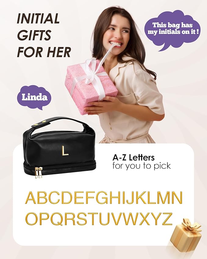 Personalized Gifts for Women, Gift for Teens Makeup Bag with Handle, Double Layer Cosmetic Bag with Makeup Brush Organizer, PU Leather Travel Toiletry Bag, Gifts for Friends Female Mom