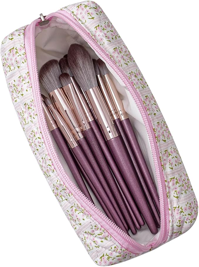 Cute Floral Cotton Makeup Brush Cosmetic Bag for Women, Travel Quilted Zipper Make Up Bag, Flowers Toiletry Organizer Case Kawaii Makeup Cosmetic Travel Cloth Pouch (Pink Floral)
