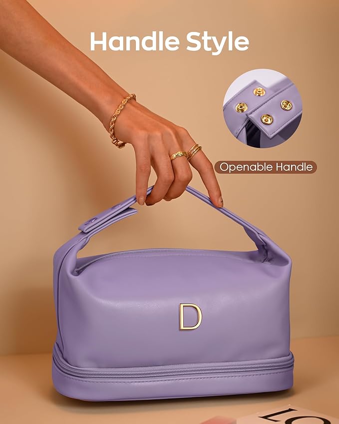 Personalized Makeup Bag, Initial Double Layer Cosmetic Bag with Makeup Brush Organizer, Waterproof, Large Capacity PU Leather Travel Toiletry Bag Retirement Gifts, Daughter Gifts