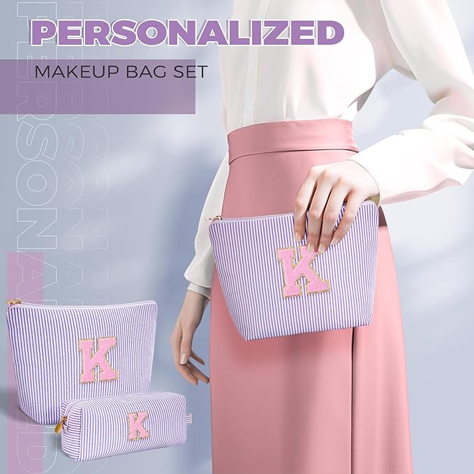 Monogrammed Gifts for Women - Cosmetic Bag for Teen,Initial Cute Makeup Bag Set for Women,Trendy Pouch for Niece Sister Friend Female Her,Birthday Gifts for Daughter - Lavender,K