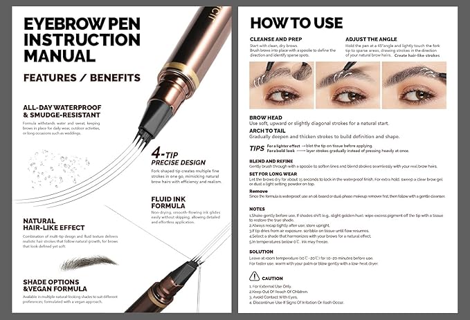 2 Pack Eyebrow Pen, Waterproof Microblading Eyebrow Pencil, 4 Tip Precise Eye Brow Makeup Pen for Women to Effortlessly Create Hair Like Natural Brows, Non Dry Out and Last All Day (Black Brown)