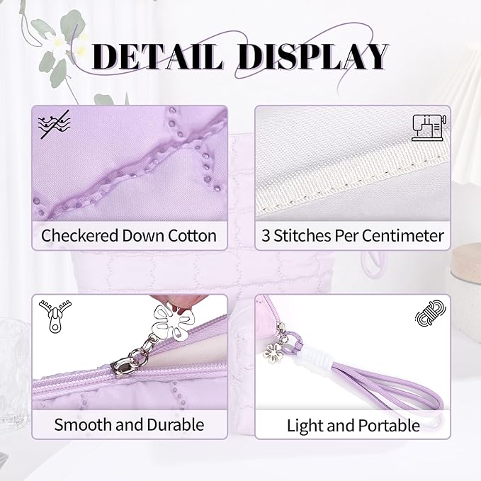 Richeart Makeup Bag Travel Toiletry Bag - Checkered Down Cotton Makeup Pouch for Women with Cosmetic and Pencil, Aesthetic Purple Design, Large