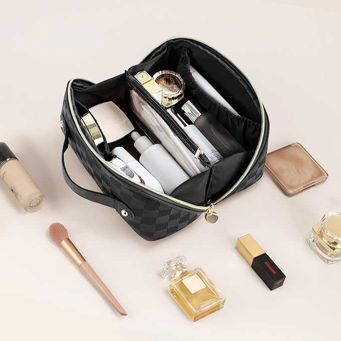Prite Makeup Bag for Women Travel Waterproof Vegan Leather Cosmetic Bag Open Flat Toiletry Bag With Clear Divider and Handle (Plaid Black)
