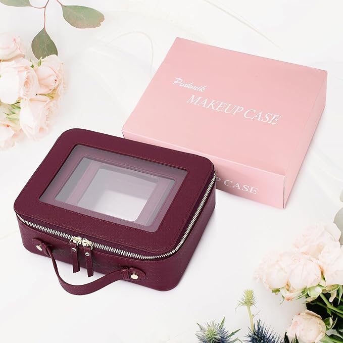 Pinkmik Clear Makeup Bag Waterproof Travel Case for Cosmetics and Toiletries Women's Purse Organizer and Clear Car Bag with Zipper (X/Burgundy, L+M+MINI)