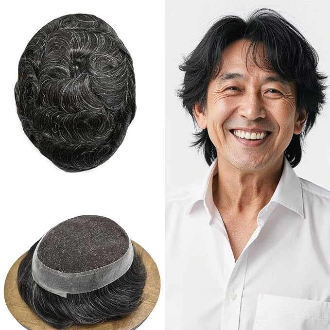 FACE MIRACLE Lace Front Mens Toupee Human Hair System Lace Center Toupee for Men Thin Skin PU Around Hair Replacement System V-Looped Mens Hair Wig 7"X9" #1B10 1B# OFF BLACK WITH 10% SYNTHETIC GREY