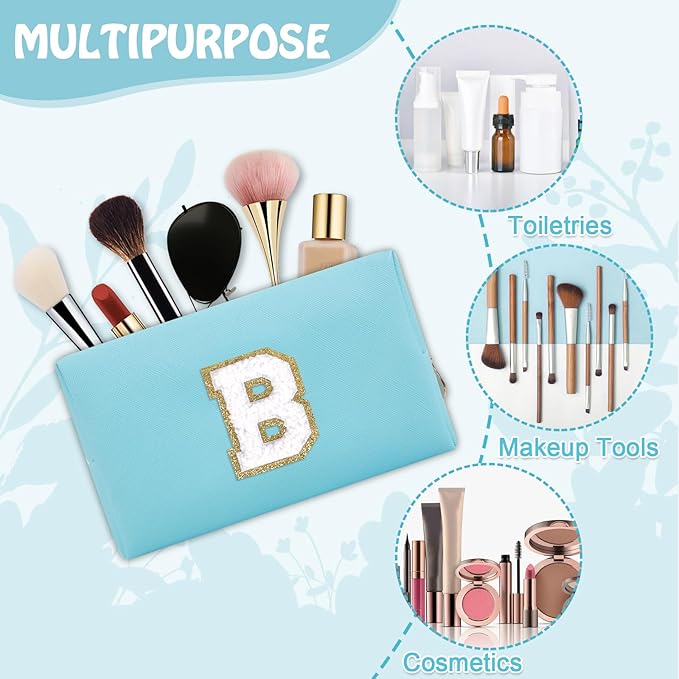 Small Initial Preppy Makeup Bag Organizer, Blue Cute Chenille Letter Make Up Cosmetic Zipper Pouch Toiletry Bags for Traveling, Waterproof PU Makeup Case Personalized Gifts for Bachelorette(Letter B)