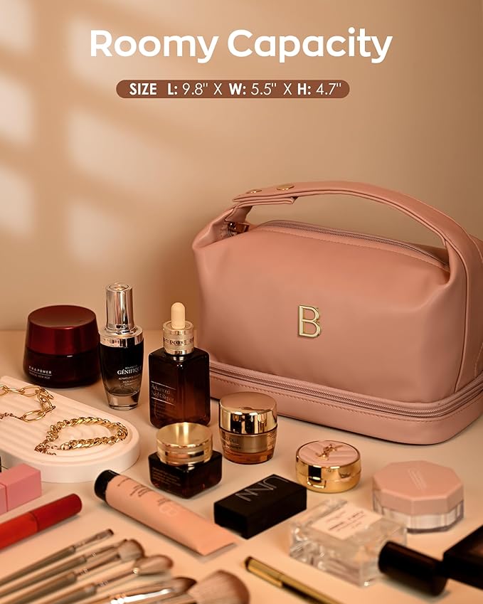Graduation Gifts for Daughter-Initial Cosmetic Bag Handle, PU Leather Makeup Bags Letter Travel Toiletry Bag with Makeup Brush Organizer-Bridesmaid Proposal Gifts-Daughter Graduation Gifts