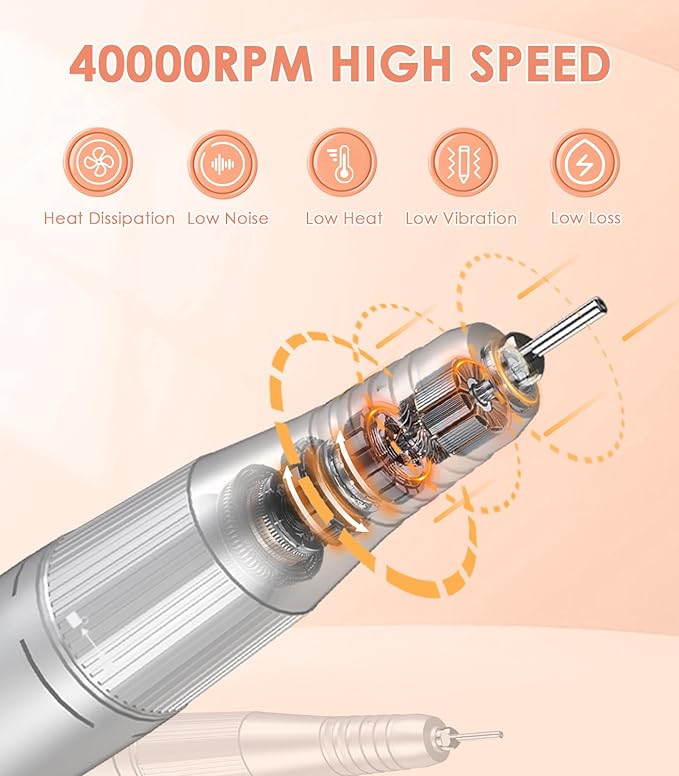 Portable Electric Nail Drill Machine: 40000RPM Professional E-File, Rechargeable Cordless with Bits & Base for Acrylic Remove Gel Polish Manicure Salon Home, Silver