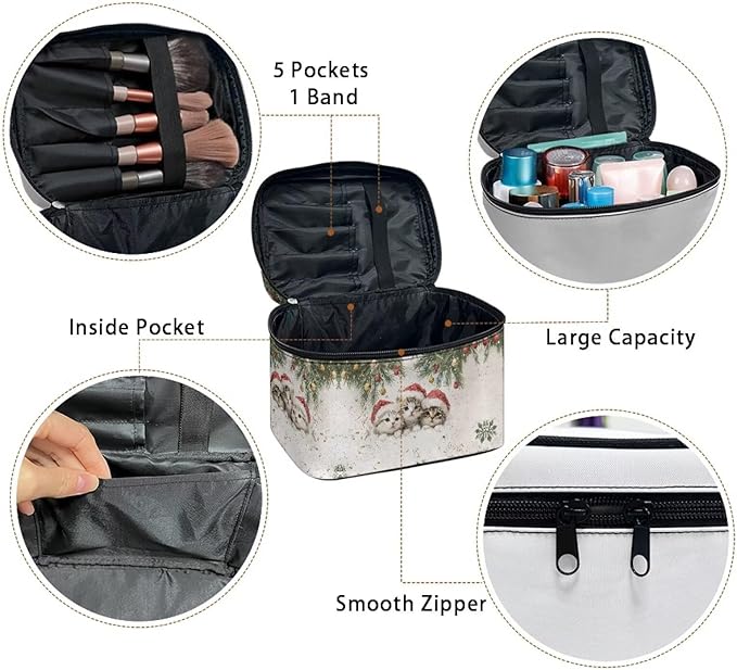 Cute Cats Travel Makeup Bags for Women Portable Tote Cosmetic Case with Carry Handle Toiletry Accessories Storage Organizer Bags for Christmas, White