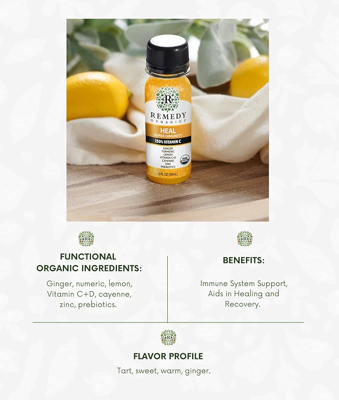 Remedy Organics Immunity Plus Shot, Heal 12-Pack | Boost Energy, Brain Function, Detoxification, and Metabolism | Certified-Organic Ingredients
