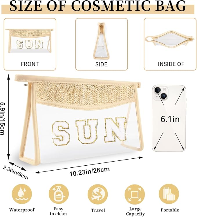 Small Boho Straw Clear Sun Makeup Bags for Women&Girls, Zipper Cosmetic Bag Chenille Varsity Letter Patch Bag, Preppy Cute Toiletry Pouch, Trendy Organizer Storage Bag for Beach Travel Essentials